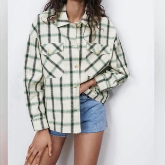 Zara Oversized Green Black Cream Plaid Button-Up Shacket Women’s Top - Small NEW - Picture 1 of 5